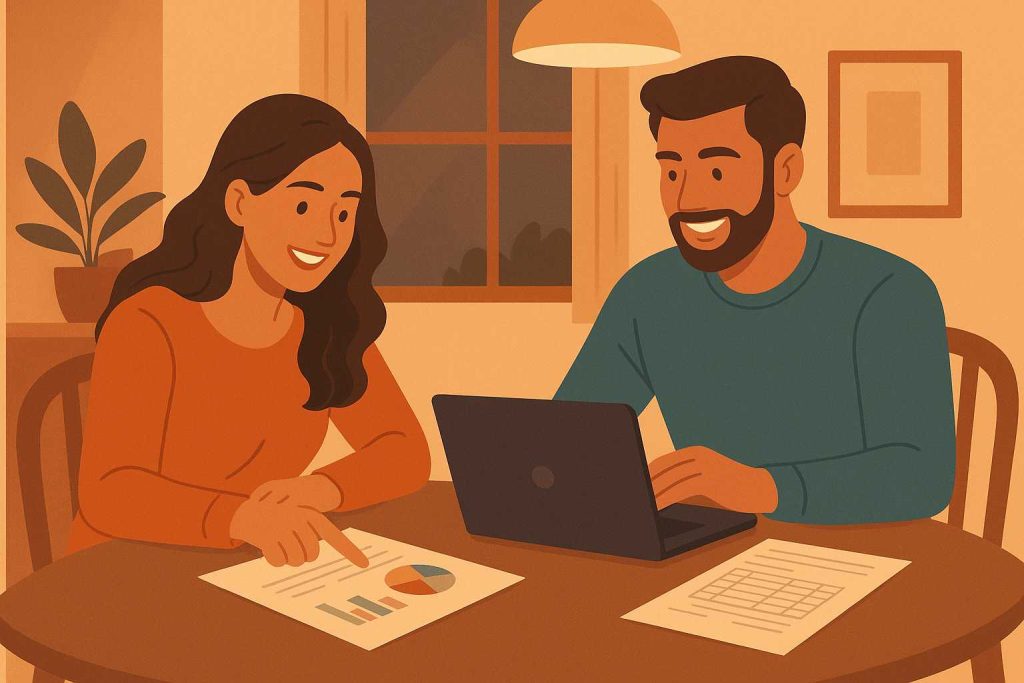 Ilustração moderna e aconchegante de um casal sentado à mesa de jantar, com notebook e planilhas abertas, sorrindo e planejando juntos em um ambiente iluminado por tons quentes, estilo minimalista realista.