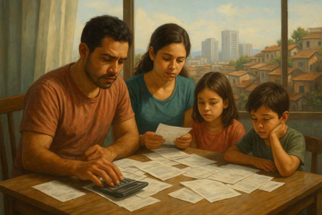 Família reunida em torno de uma mesa simples organizando papéis e calculadora, com contraste de cidade moderna e bairro humilde ao fundo, em estilo realista contemporâneo, cores suaves e luz natural.