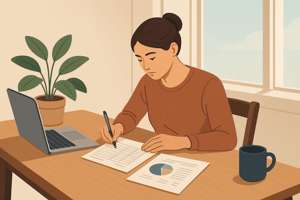 Ilustração minimalista de uma pessoa organizando anotações financeiras em uma mesa com notebook, planta e caneca, em ambiente moderno com luz natural entrando pela janela.