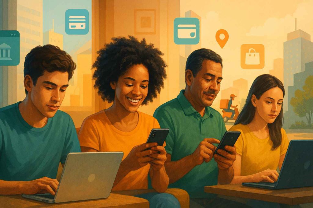 Ilustração digital realista de brasileiros de diferentes idades usando laptops e celulares em ambientes urbanos e domésticos, com ícones sutis de aplicativos, entregas e pagamentos digitais ao fundo, transmitindo dinamismo e otimismo na economia conectada.