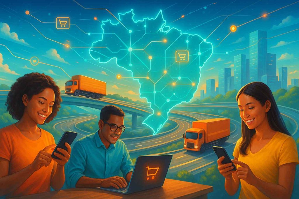 Ilustração futurista da economia digital no Brasil, com pessoas utilizando smartphones e laptop para compras online, caminhões circulando em rodovias modernas e um mapa iluminado do país conectado por redes digitais.
