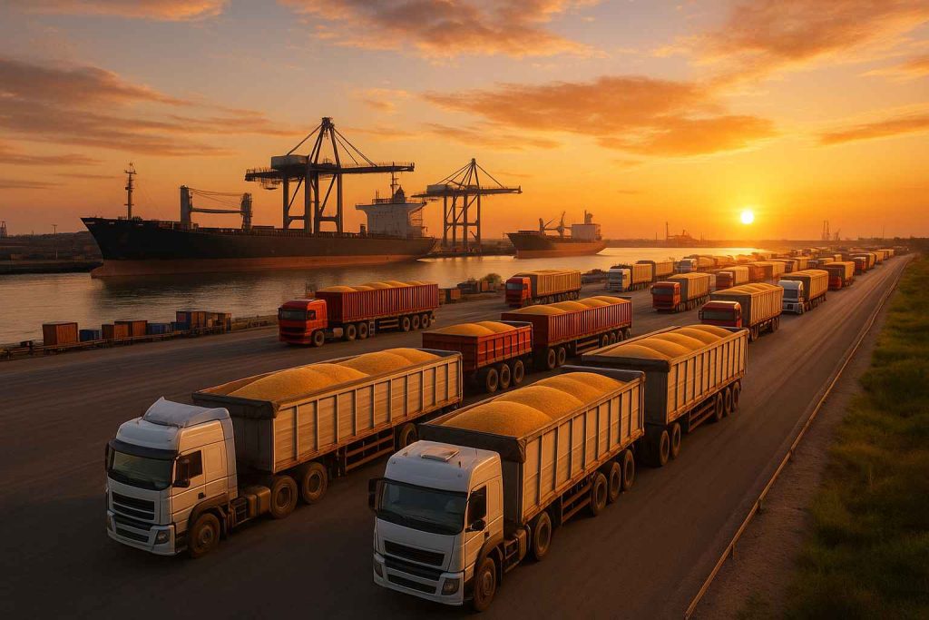 Comboios de caminhões carregados de grãos seguem em direção a um porto movimentado, com navios preparados para embarque ao pôr do sol, em estilo realista detalhado.