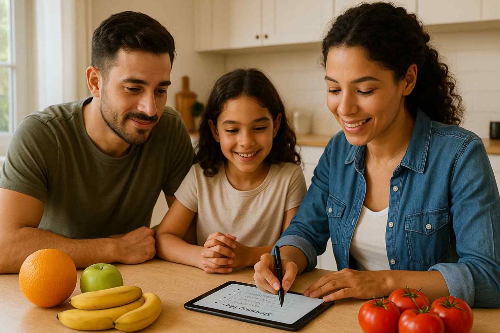 Família reunida em cozinha iluminada organizando lista de compras em um tablet, com frutas frescas sobre a mesa.