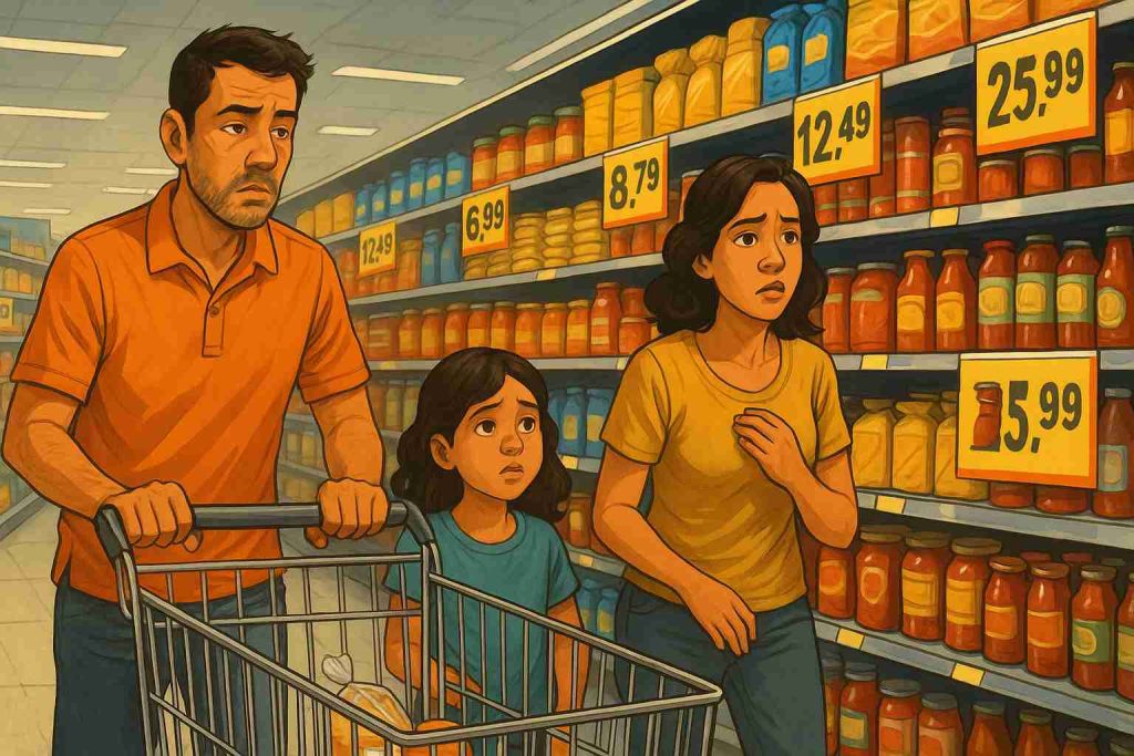 Família brasileira em um supermercado moderno, empurrando um carrinho quase vazio, cercada por prateleiras cheias com preços altos, expressando preocupação e adaptação.