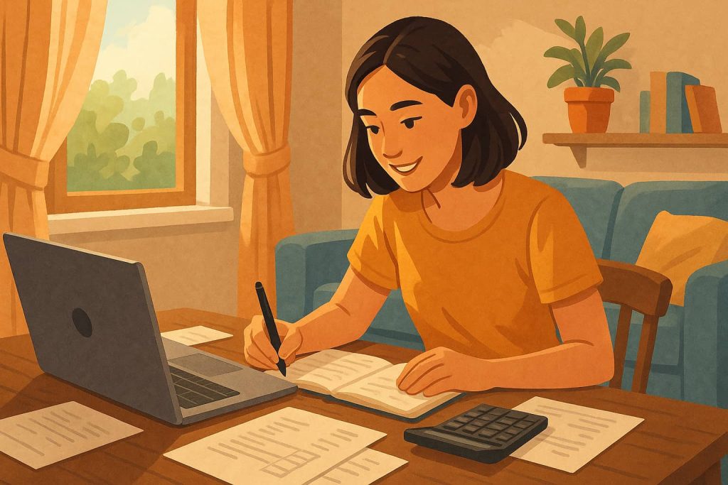 Ilustração de uma mulher jovem organizando suas finanças em casa, sentada à mesa com um laptop, papéis e um caderno, enquanto a luz do sol entra pela janela e cria um ambiente acolhedor e otimista.