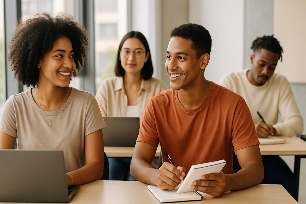 Jovens brasileiros de diferentes origens participam de um programa de capacitação profissional em ambiente urbano moderno e iluminado, com atmosfera otimista e inspiradora.