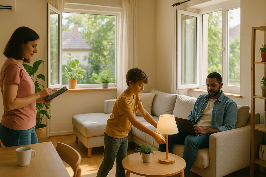 Família em uma casa moderna iluminada por luz natural, ajustando aparelhos eletrônicos com janelas abertas; ambiente acolhedor que expressa conforto e sustentabilidade.

