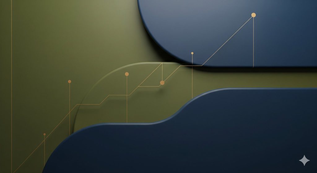 Composição abstrata com formas geométricas em tons de verde e azul, atravessada por linhas douradas ascendentes que simbolizam crescimento financeiro e segurança no mercado de investimentos.