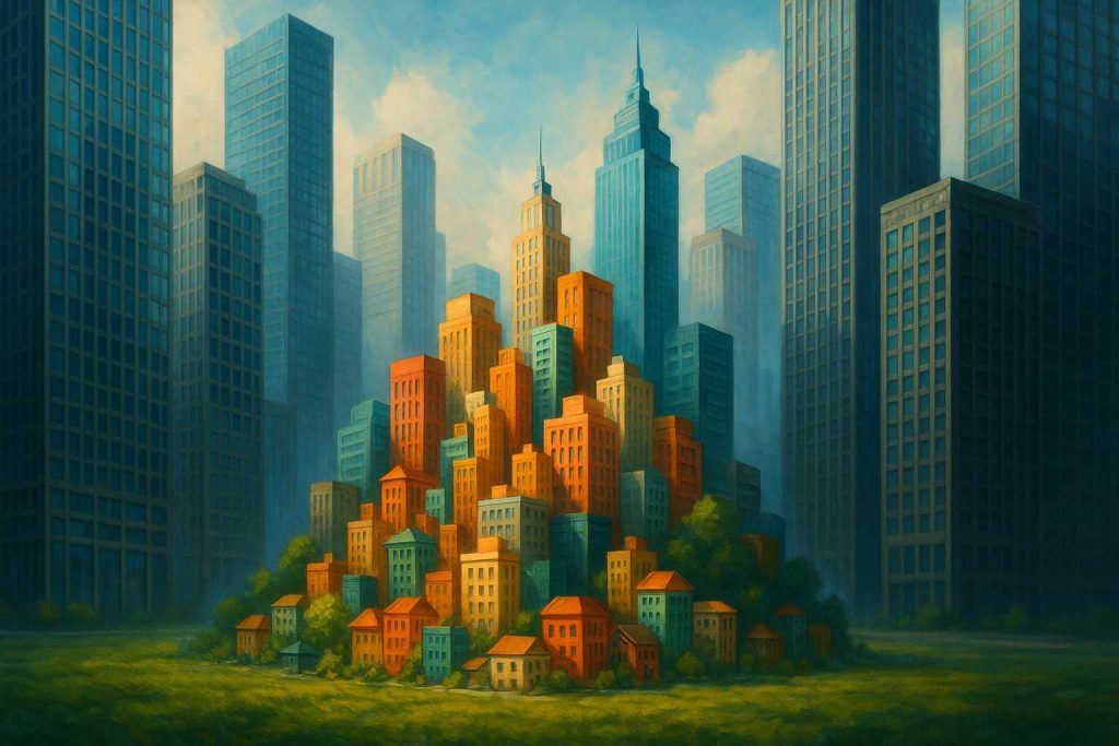 Ilustração detalhada de uma cidade moderna em miniatura crescendo entre arranha-céus já consolidados, com cores vivas e contraste marcante, simbolizando pequenas empresas emergindo em meio a grandes corporações.
