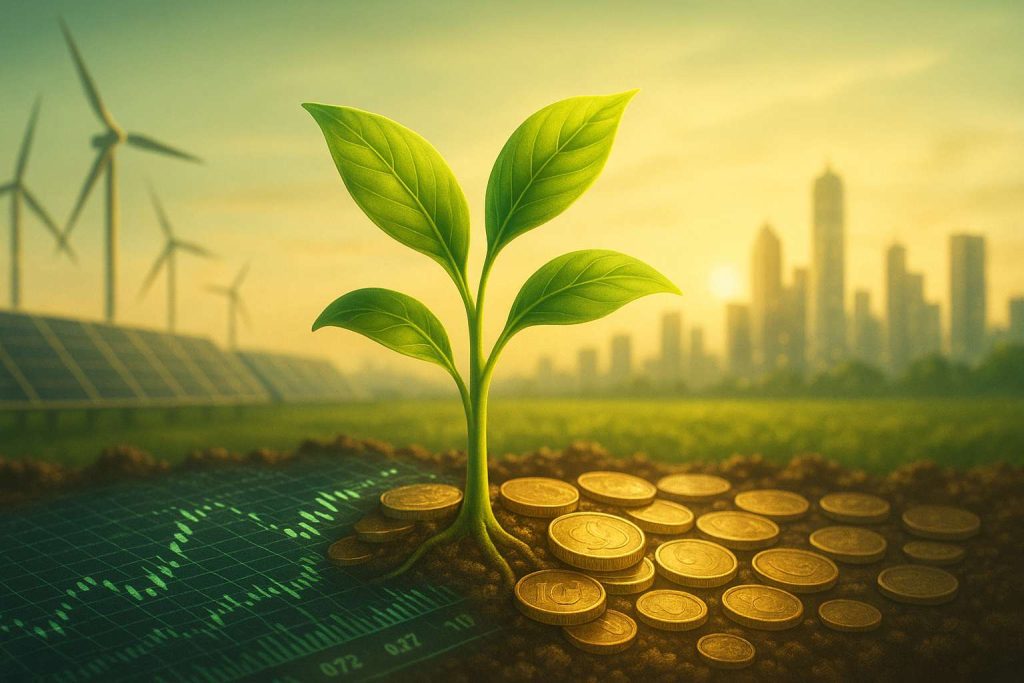 Representação artística da economia brasileira em crescimento: um broto verde vibrante surge de um solo composto por moedas e gráficos digitais, com turbinas eólicas, painéis solares e uma cidade moderna ao amanhecer ao fundo, iluminados em tons dourados e verdes.