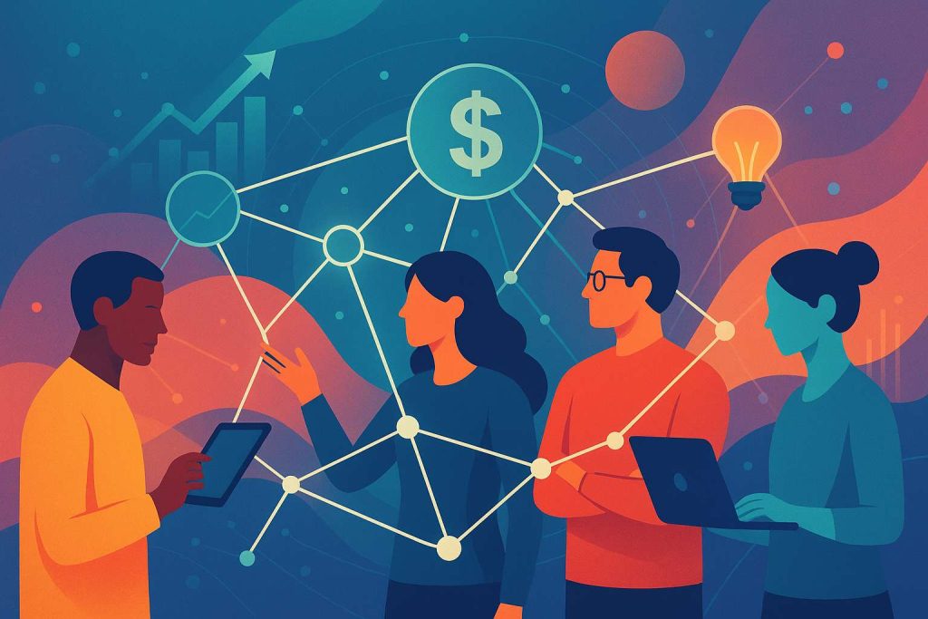 Ilustração moderna mostrando quatro pessoas conectadas por linhas digitais formando uma rede de investimentos, com ícones de finanças e inovação em estilo abstrato e cores vibrantes.