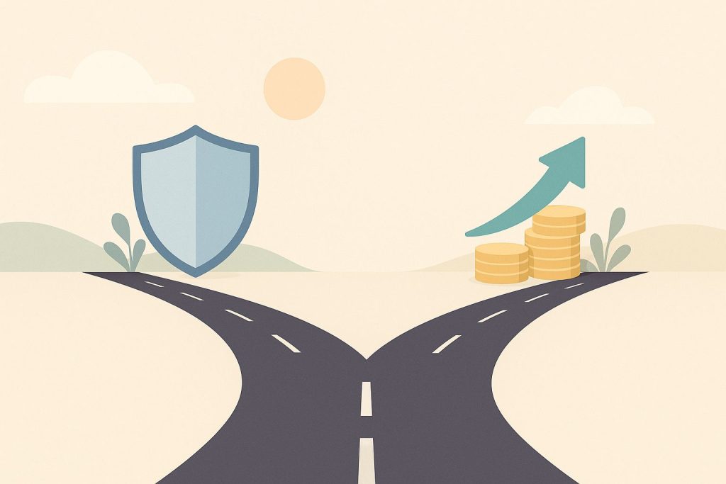 Ilustração minimalista mostrando dois caminhos que se bifurcam em uma estrada, um simbolizando estabilidade com um escudo azul e outro representando rentabilidade com moedas douradas e uma seta ascendente.