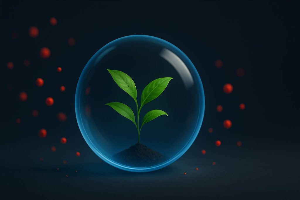 Esfera de vidro brilhante contendo uma planta jovem verde, protegida por um campo azul contra partículas vermelhas em fundo escuro minimalista, simbolizando proteção financeira.