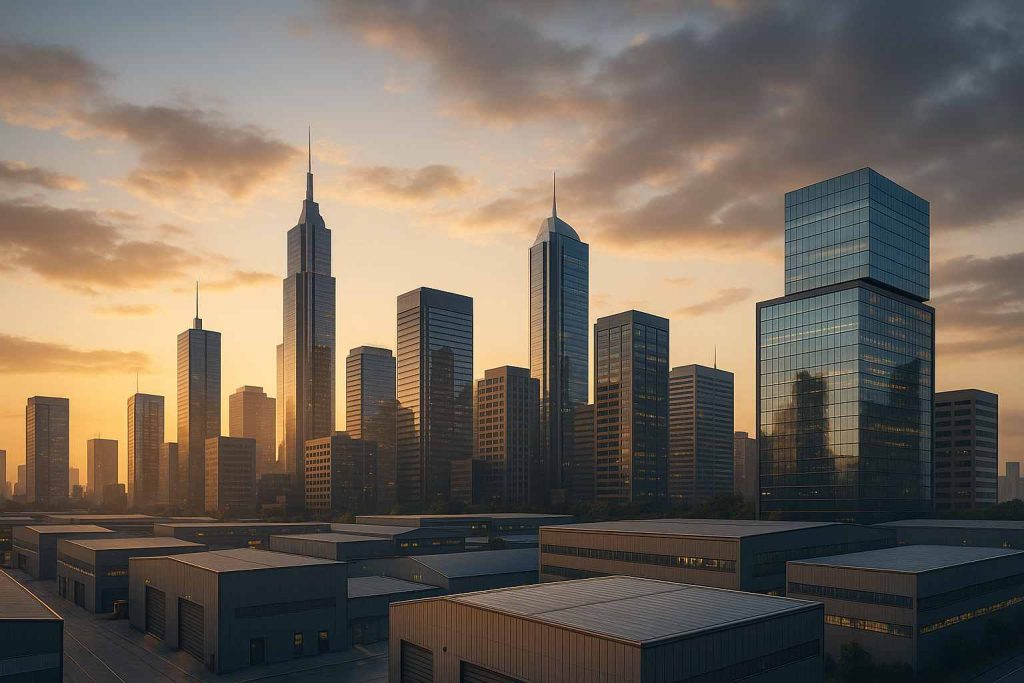 Skyline urbano moderno ao entardecer, com prédios espelhados e galpões logísticos estilizados, em estilo realista futurista.