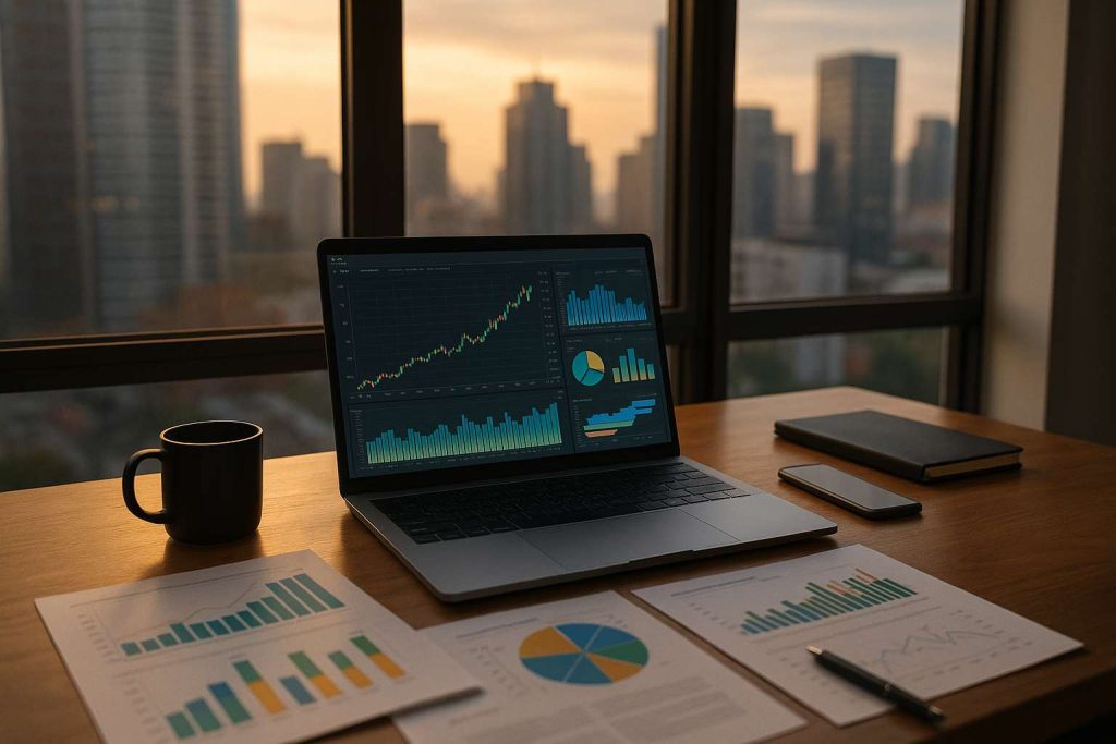 Mesa de trabalho moderna com laptop exibindo gráficos financeiros, documentos e caneca, diante de uma janela com vista urbana ao pôr do sol.