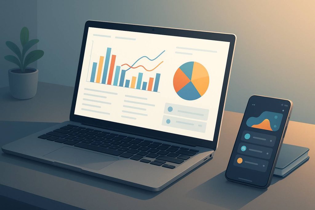 Ilustração digital de uma mesa moderna com laptop exibindo gráficos coloridos de finanças e smartphone ao lado mostrando notificações, em estilo futurista leve e minimalista.