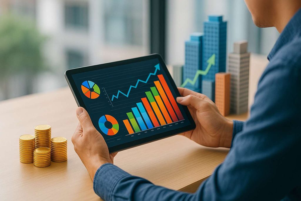 Pessoa observando gráficos coloridos em um tablet, com moedas empilhadas e prédios estilizados ao fundo, simbolizando diferentes tipos de investimentos em um ambiente moderno e iluminado.