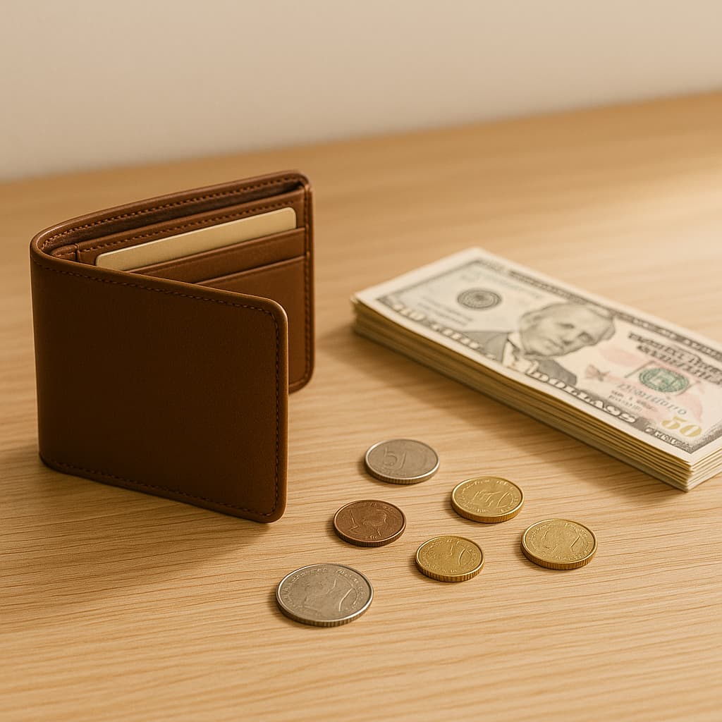 Carteira marrom organizada com moedas e notas sobre uma mesa de madeira clara, iluminada por luz natural, em composição minimalista.