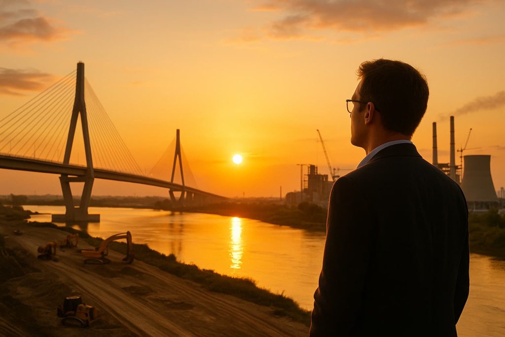 Investidor observa uma grande ponte e usina de energia ao pôr do sol, simbolizando crescimento econômico e desenvolvimento.