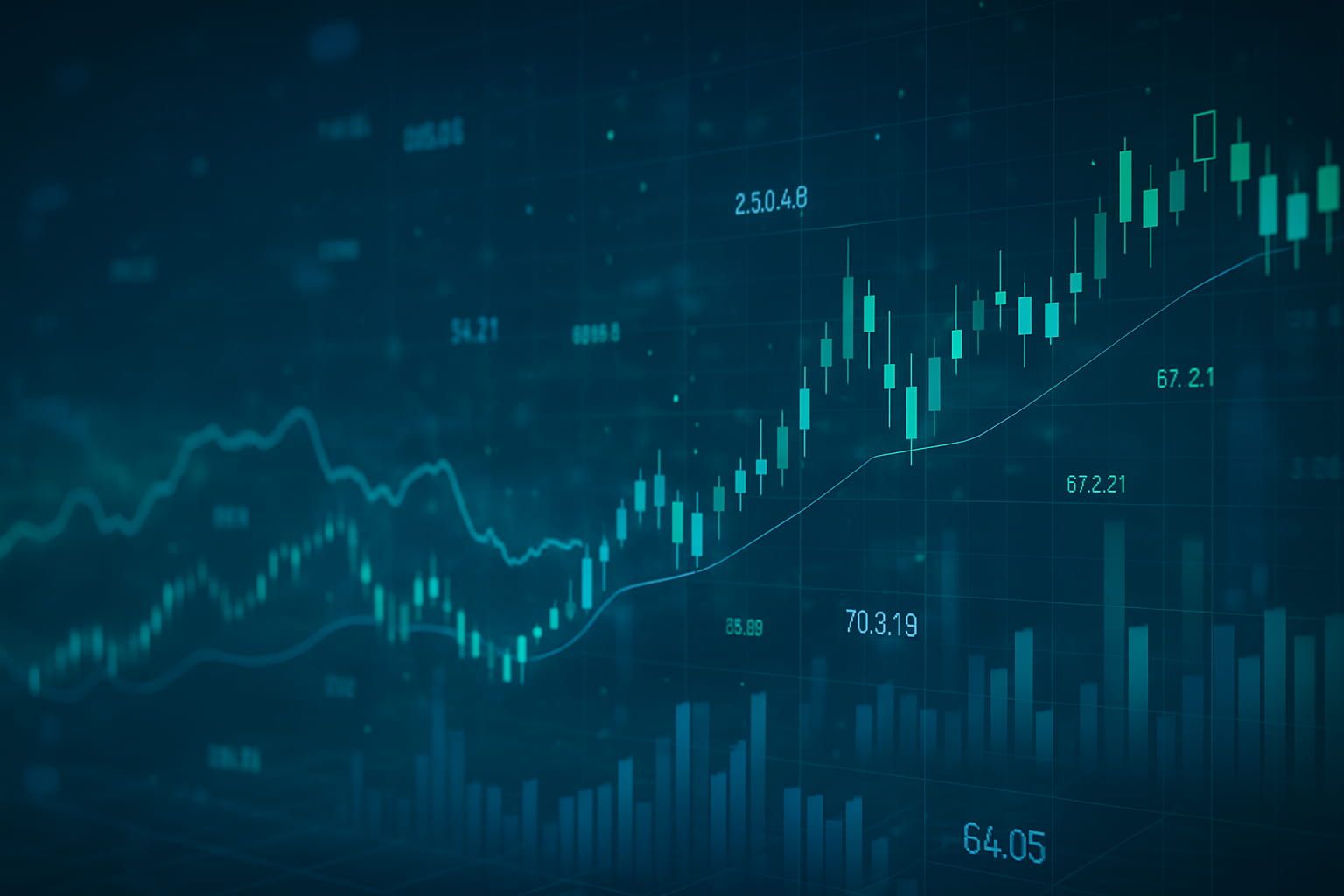 Cena abstrata de um ambiente financeiro digital, com gráficos em azul e verde flutuando em espaço tridimensional, simbolizando algoritmos e análise de dados em um estilo futurista.