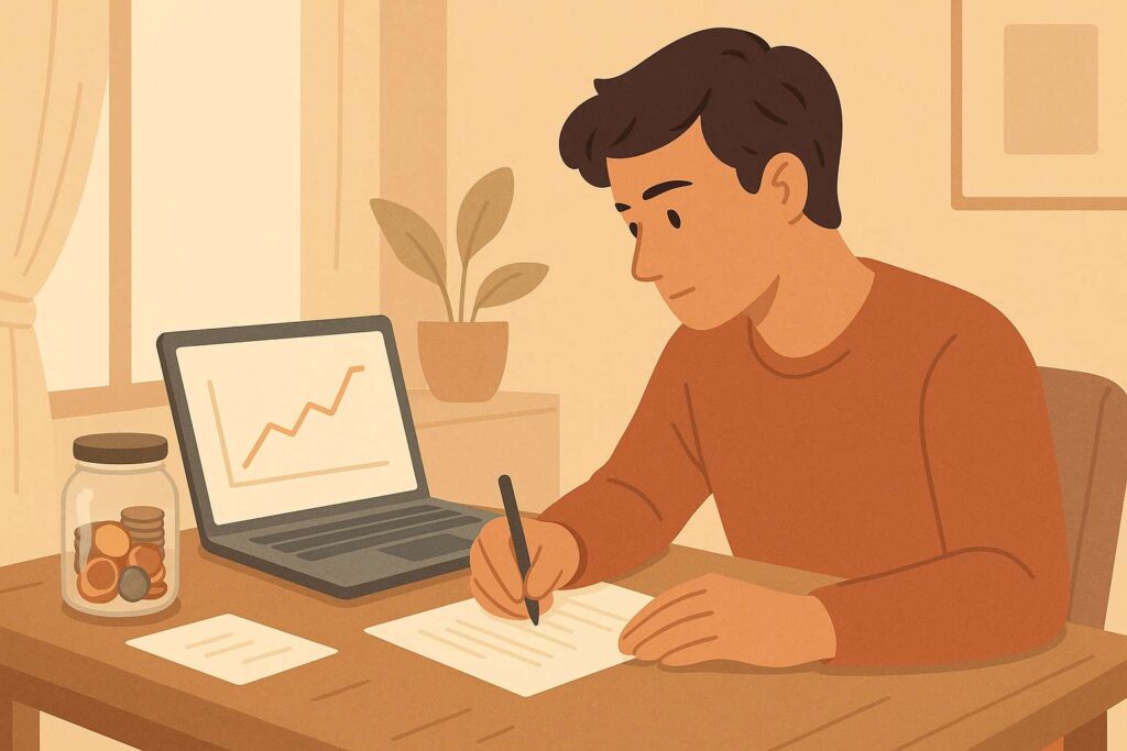 A young adult sits calmly at a cozy desk, reviewing finances with a laptop showing a simple chart and a small savings jar nearby, bathed in warm natural light in a minimalist style.