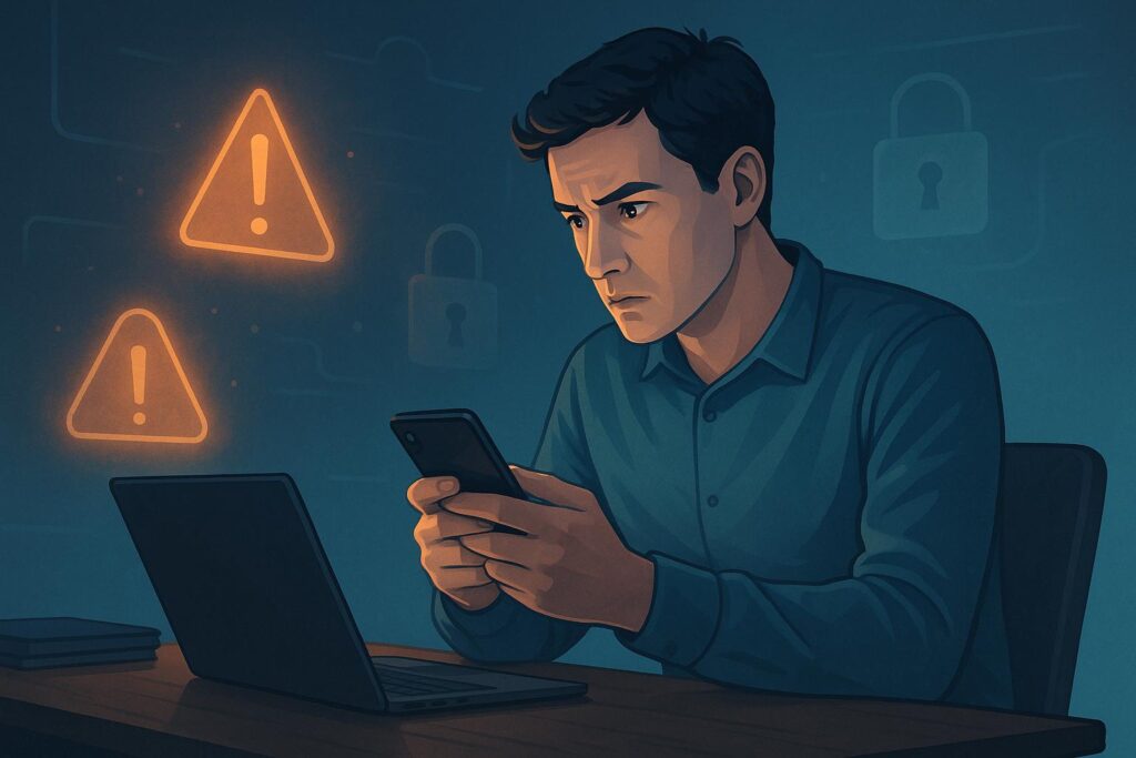 A man sitting at a desk cautiously checks his smartphone, with glowing warning icons and lock symbols floating in the background, symbolizing hidden online threats in a modern, slightly futuristic style.