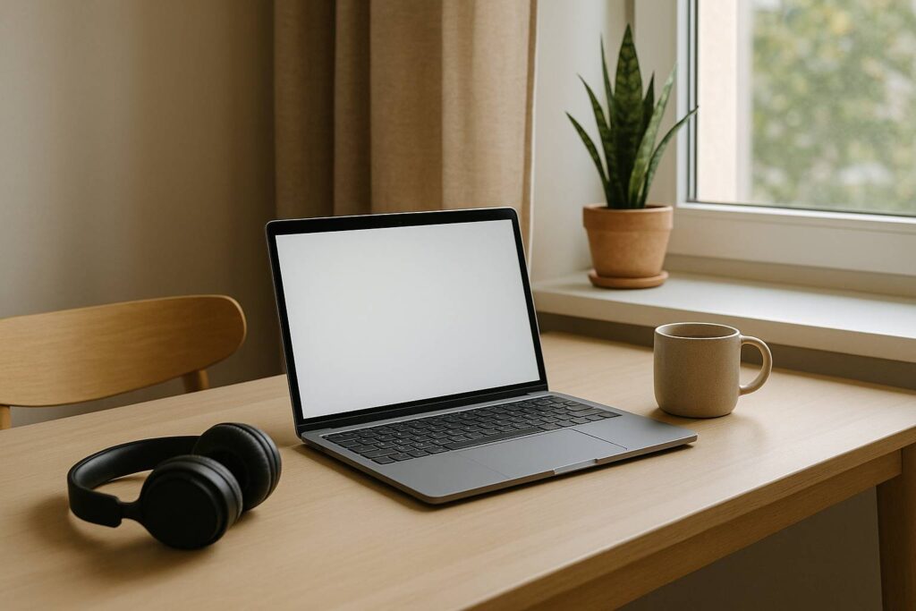 A modern minimalist home workspace with a laptop, black headphones, and a coffee mug on a wooden desk, bathed in natural sunlight from a nearby window.