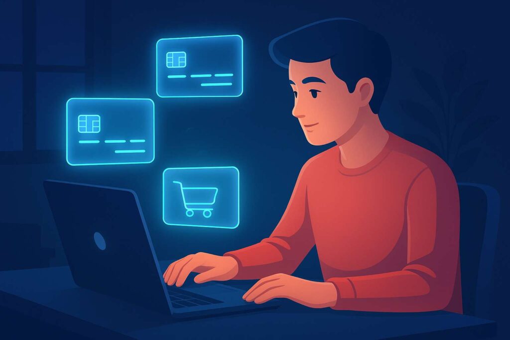 A semi-realistic digital illustration of a person shopping online at home, using a laptop with glowing holographic credit card icons floating above it, symbolizing secure and futuristic transactions.