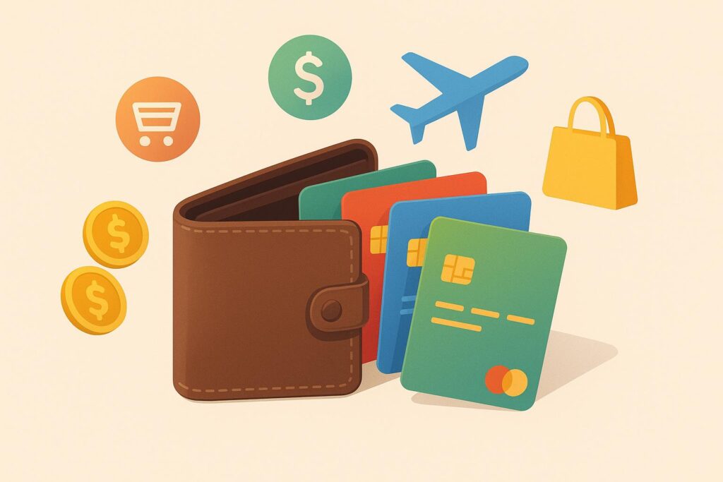 Flat-lay digital illustration of a brown wallet with colorful credit cards spilling out, surrounded by abstract icons of travel, shopping, and cash in a clean, modern gradient style.
