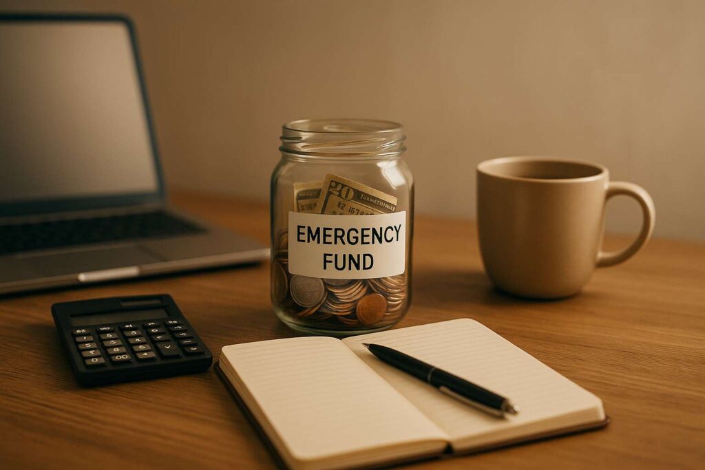 A warmly lit home office desk with a jar labeled “Emergency Fund” half-filled with coins and bills, next to a notebook, calculator, and coffee mug in a minimalist realistic style.