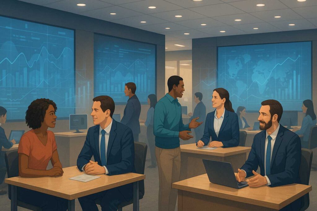 A modern U.S. bank interior with diverse customers interacting with advisors, digital screens showing abstract AI data patterns, and glowing transparent charts in a futuristic yet realistic style.
