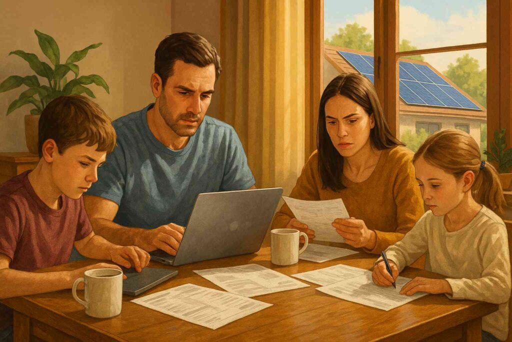 A realistic digital illustration of an American family reviewing their household budget at a dining table with laptops, bills, and coffee cups, in warm natural light, with solar panels visible outside the window.