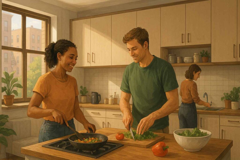 A semi-realistic digital illustration of three roommates preparing food together in a cozy, modern urban kitchen with warm earthy tones, wooden cabinets, and natural sunlight filling the space.