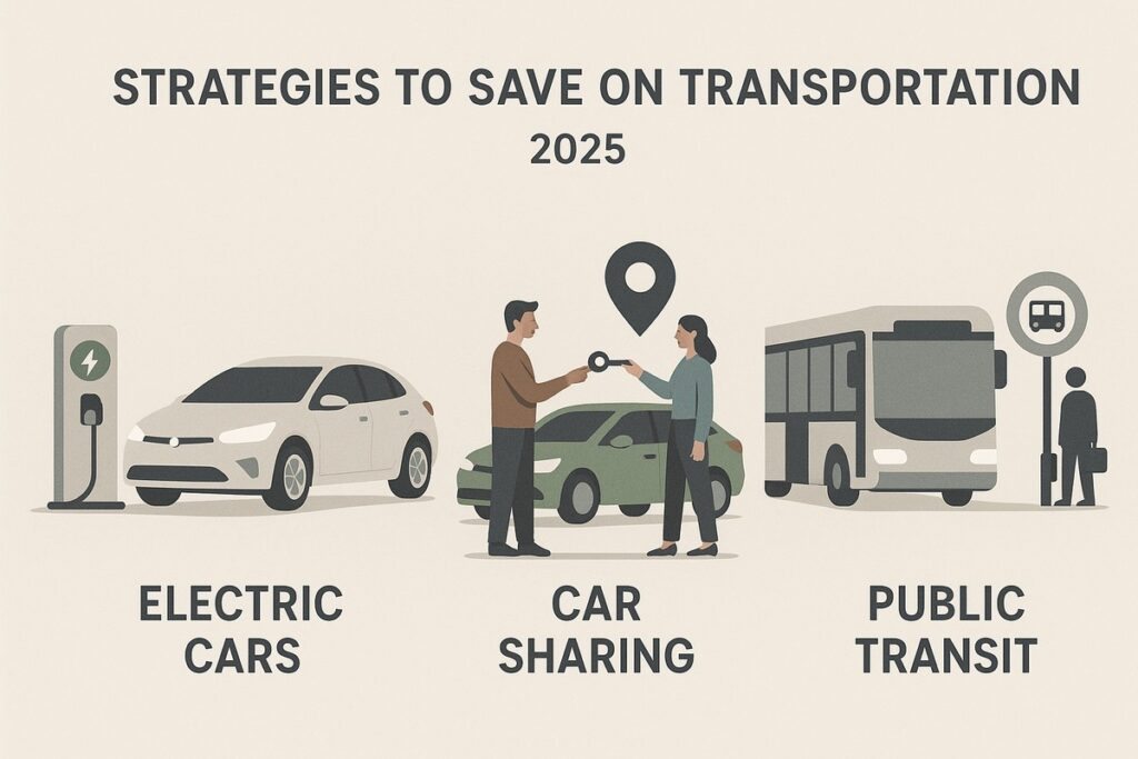 Illustration titled “Strategies to save on transportation 2025.” It shows three main elements: a white electric car at a charging station, two people exchanging car keys in front of a green vehicle representing car sharing, and a public bus near a stop with passengers waiting—highlighting sustainable and affordable transportation methods.